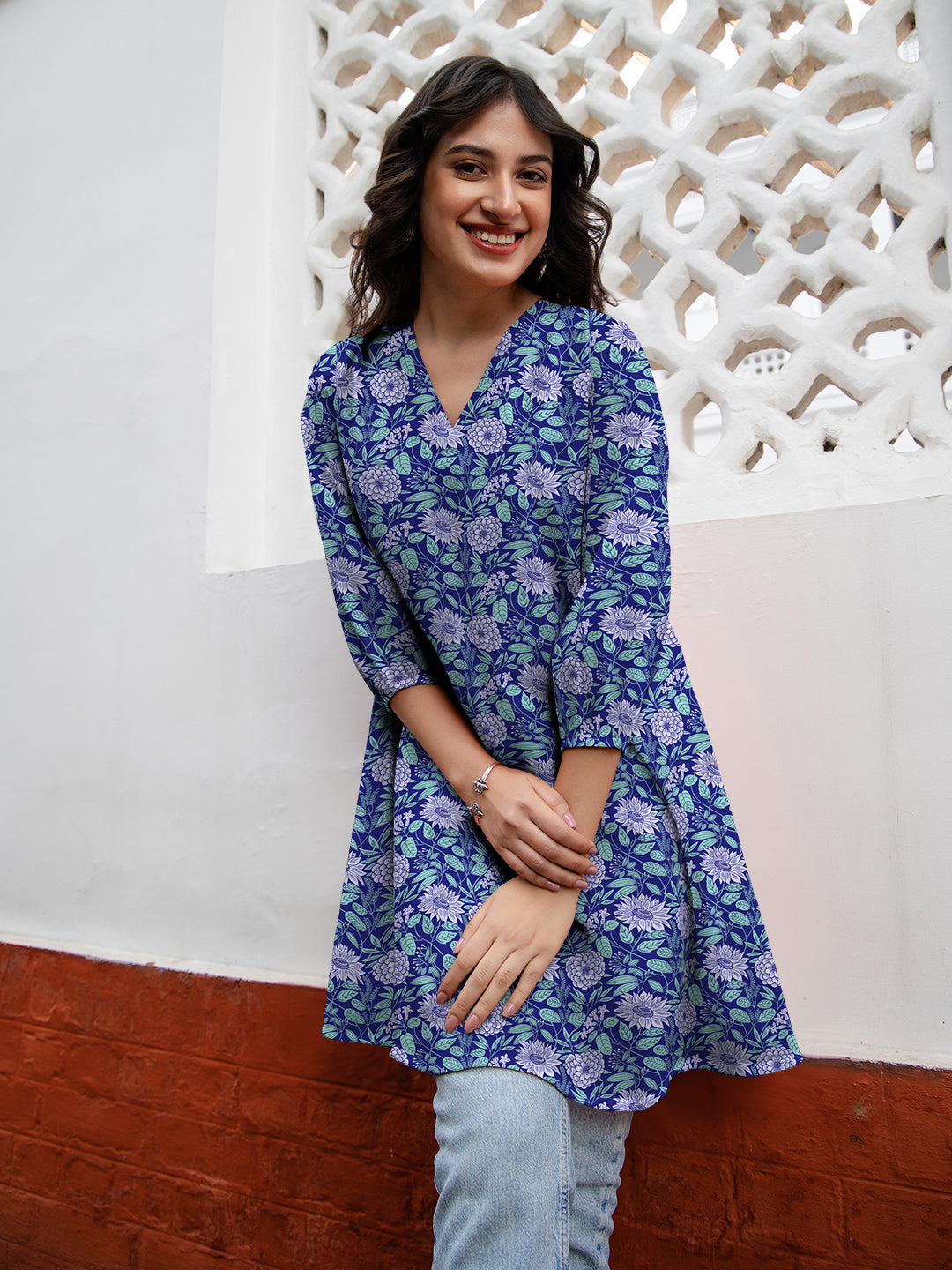 Blue Georgette Floral Printed A-Line Tunic - qivii