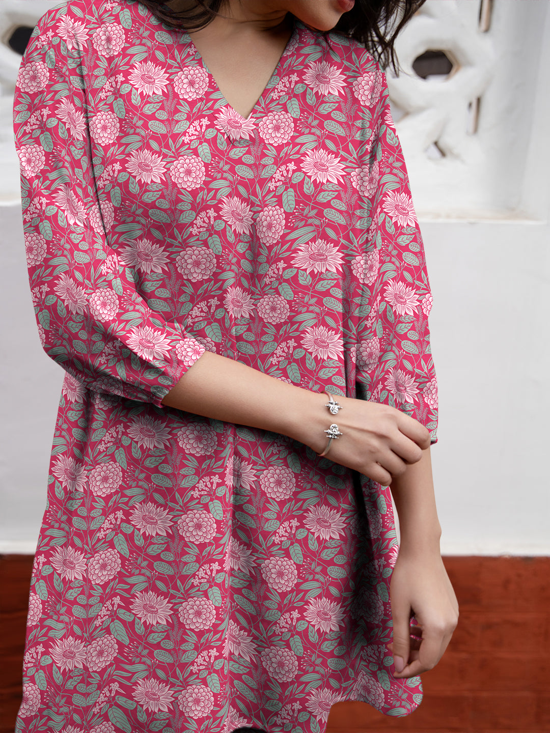 Pink Georgette Floral Printed A-Line Tunic - qivii