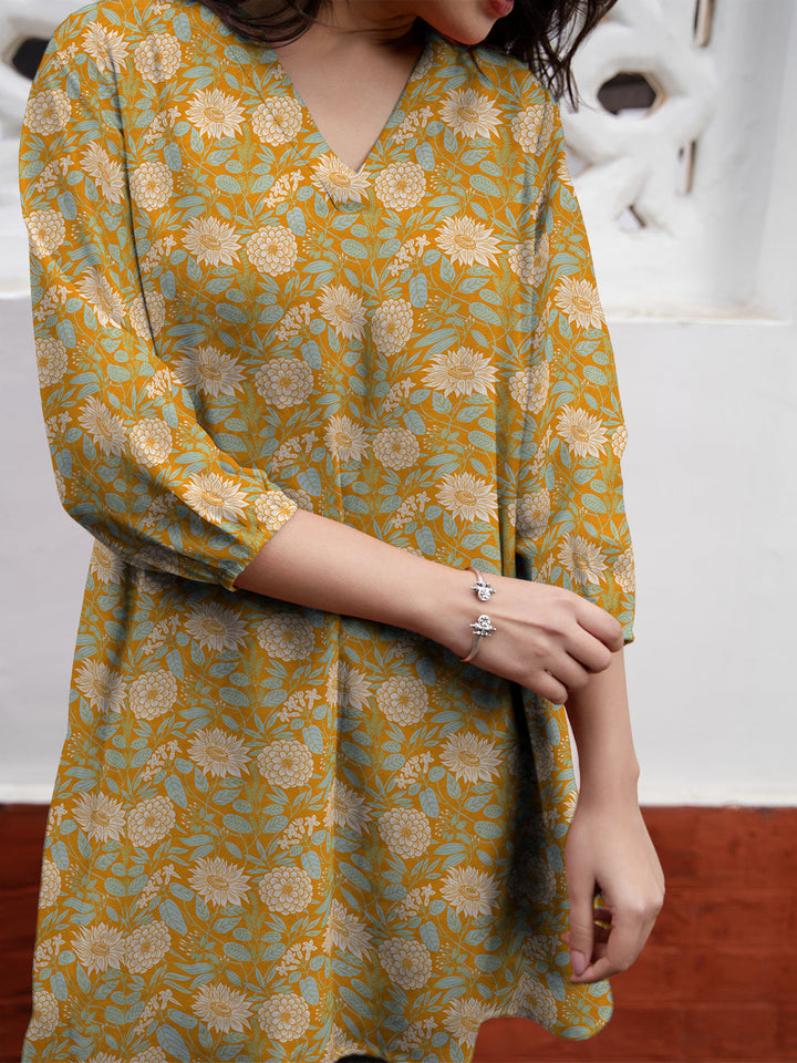 Mustard Georgette Floral Printed A-Line Tunic - qivii