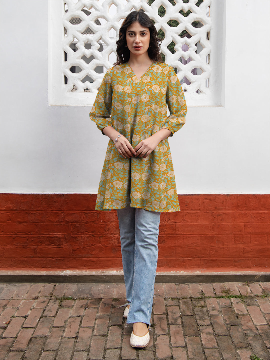 Mustard Georgette Floral Printed A-Line Tunic - qivii