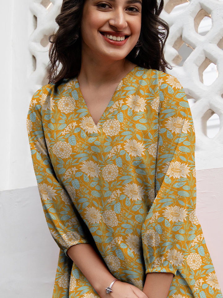 Mustard Georgette Floral Printed A-Line Tunic - qivii