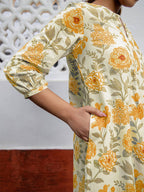 Off White Pure Cotton Floral Printed A-Line Tunic