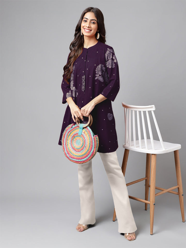 Purple Pure Cotton Floral Printed Flared Tunic - qivii