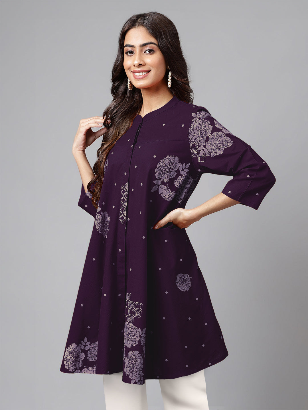 Purple Pure Cotton Floral Printed Flared Tunic - qivii