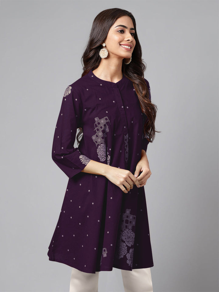 Purple Pure Cotton Floral Printed Flared Tunic - qivii