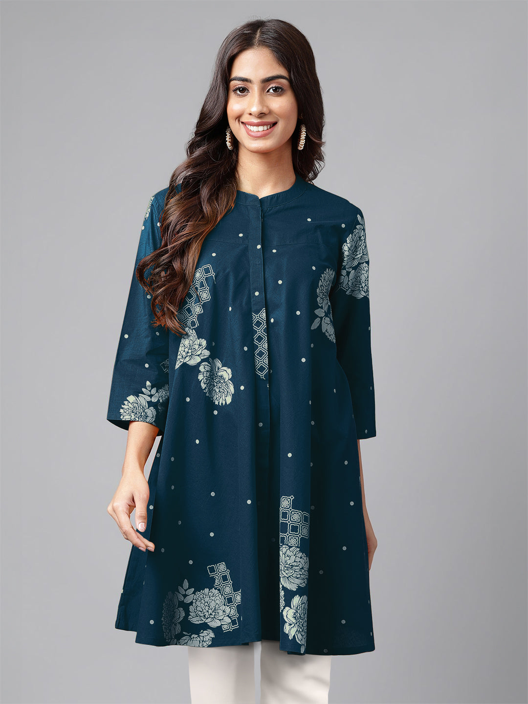 Teal Blue Pure Cotton Floral Printed Flared Tunic - qivii