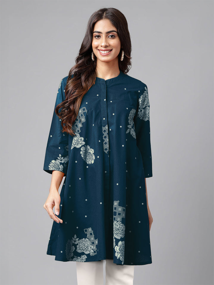 Teal Blue Pure Cotton Floral Printed Flared Tunic - qivii