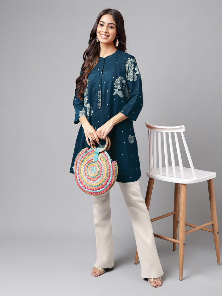Teal Blue Pure Cotton Floral Printed Flared Tunic - qivii