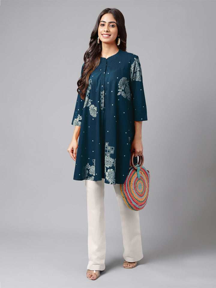 Teal Blue Pure Cotton Floral Printed Flared Tunic - qivii