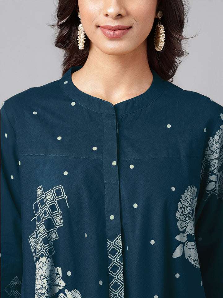 Teal Blue Pure Cotton Floral Printed Flared Tunic - qivii