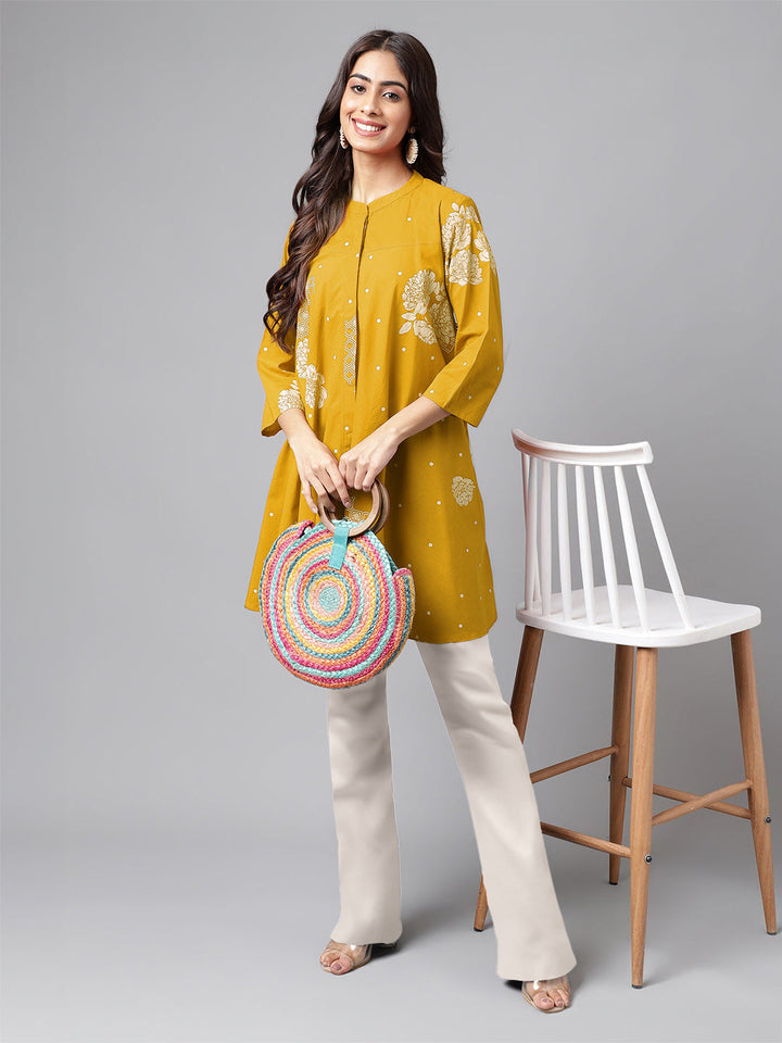 Mustard Pure Cotton Floral Printed Flared Tunic - qivii