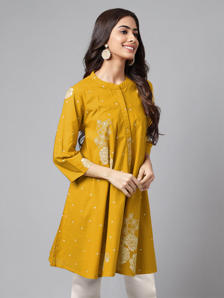 Mustard Pure Cotton Floral Printed Flared Tunic - qivii