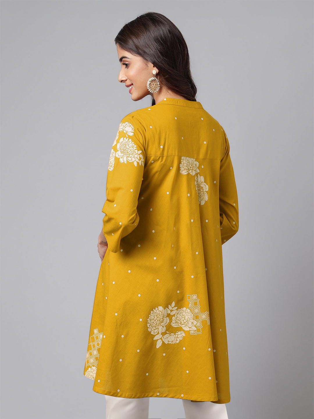 Mustard Pure Cotton Floral Printed Flared Tunic - qivii