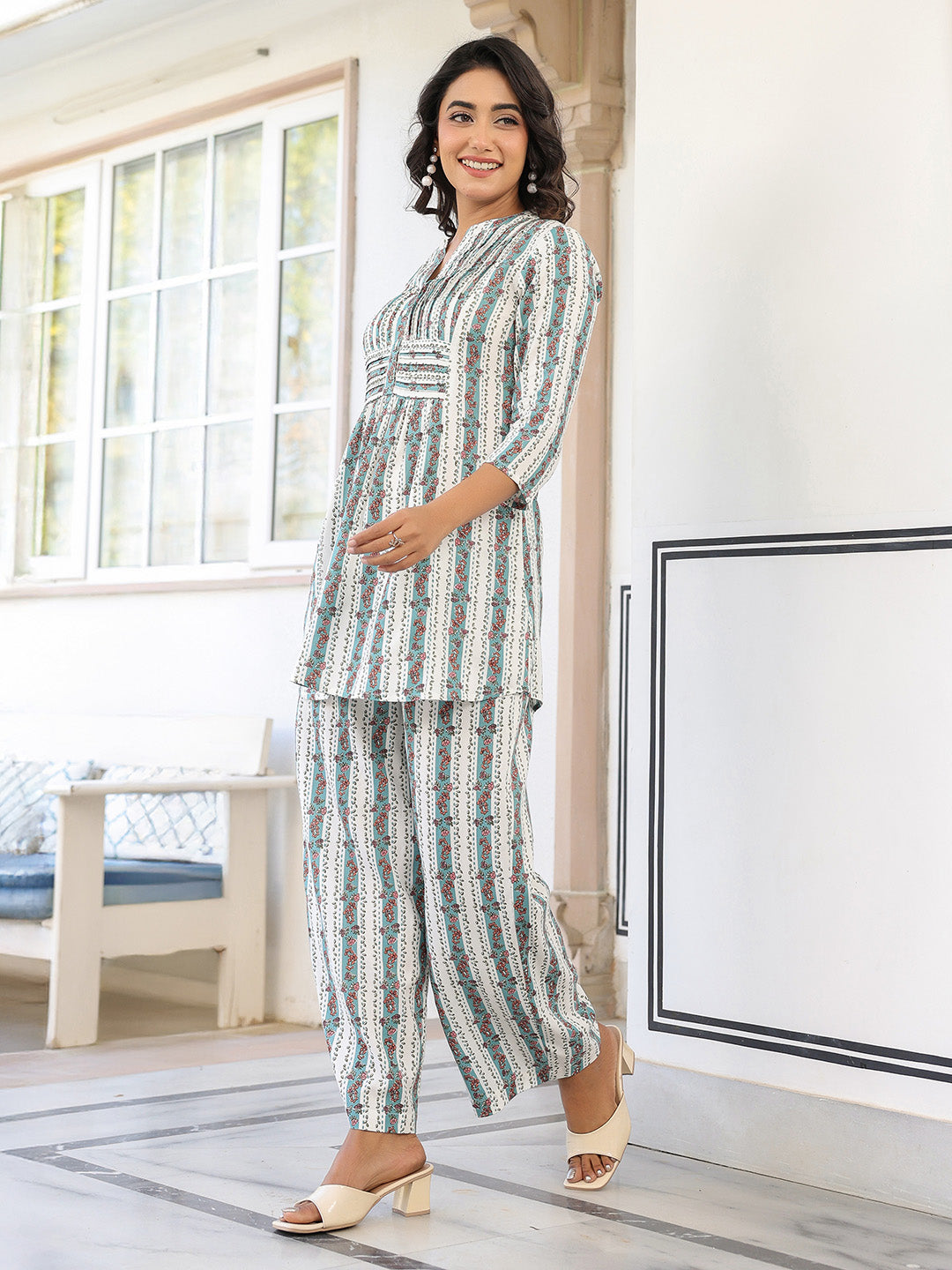 White Pure Cotton Floral Printed A-line Co-ord Set