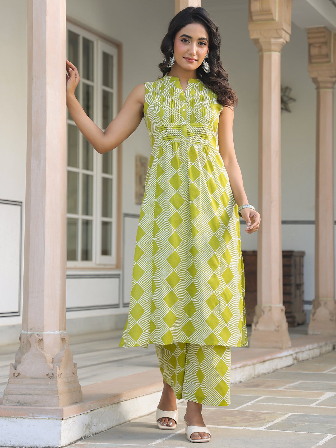 Lime Green Pure Cotton Geometric Printed A-line Kurta Pant Set - qivii
