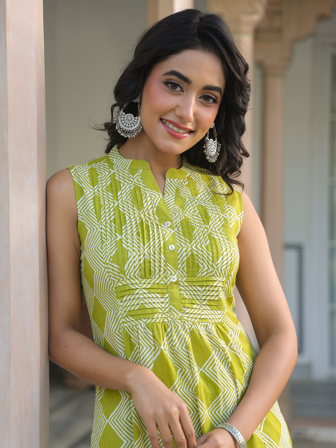 Lime Green Pure Cotton Geometric Printed A-line Kurta Pant Set - qivii