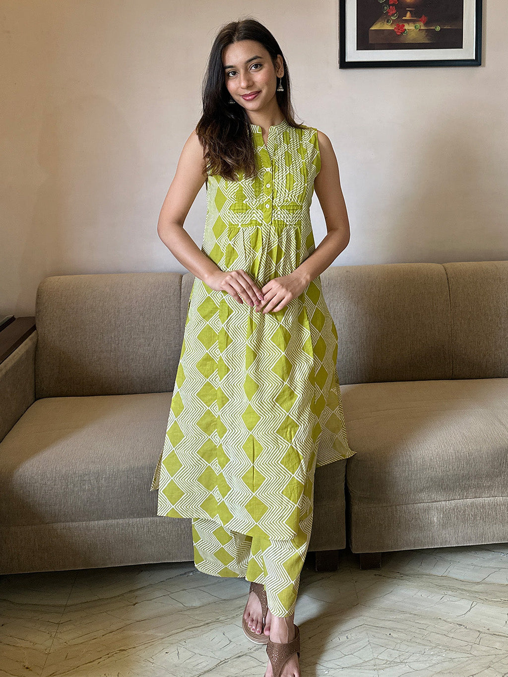 Lime Green Pure Cotton Geometric Printed A-line Kurta Pant Set