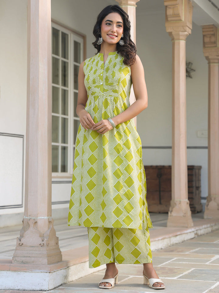 Lime Green Pure Cotton Geometric Printed A-line Kurta Pant Set - qivii