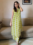 Lime Green Pure Cotton Geometric Printed A-line Kurta Pant Set