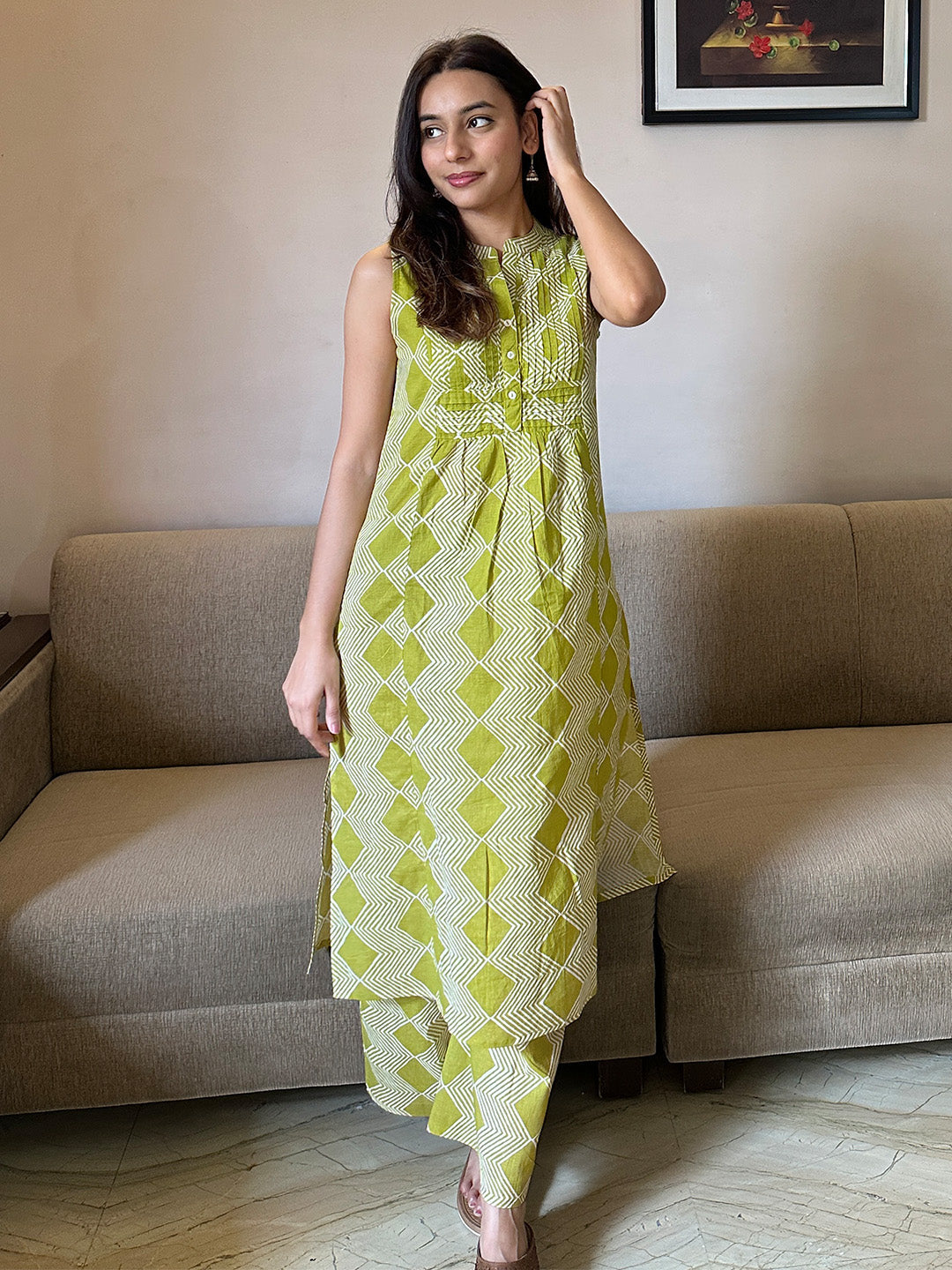 Lime Green Pure Cotton Geometric Printed A-line Kurta Pant Set