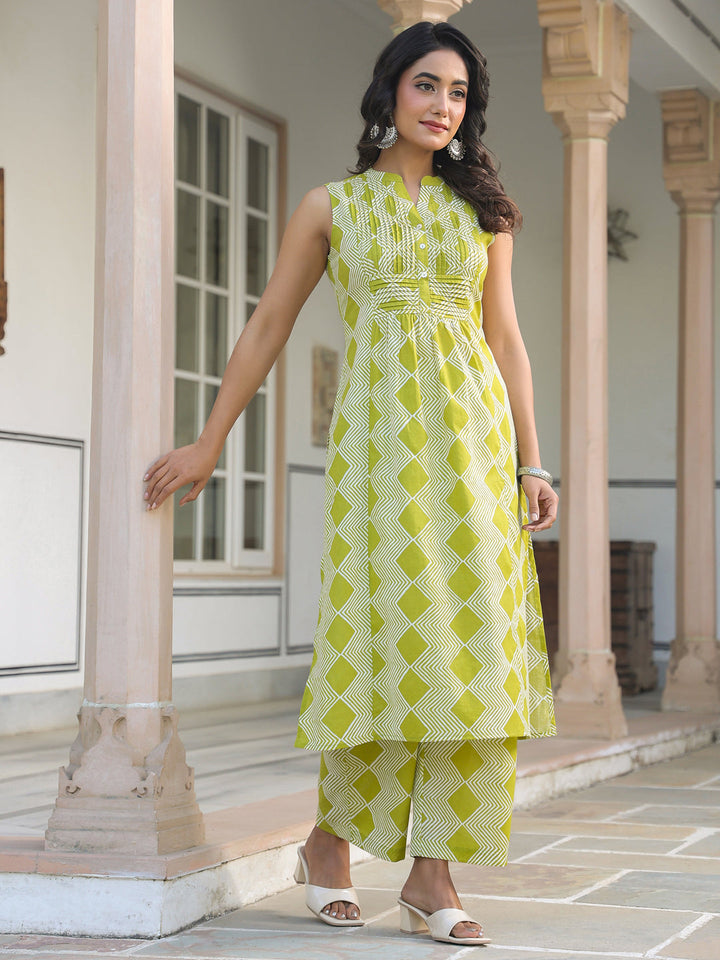 Lime Green Pure Cotton Geometric Printed A-line Kurta Pant Set - qivii