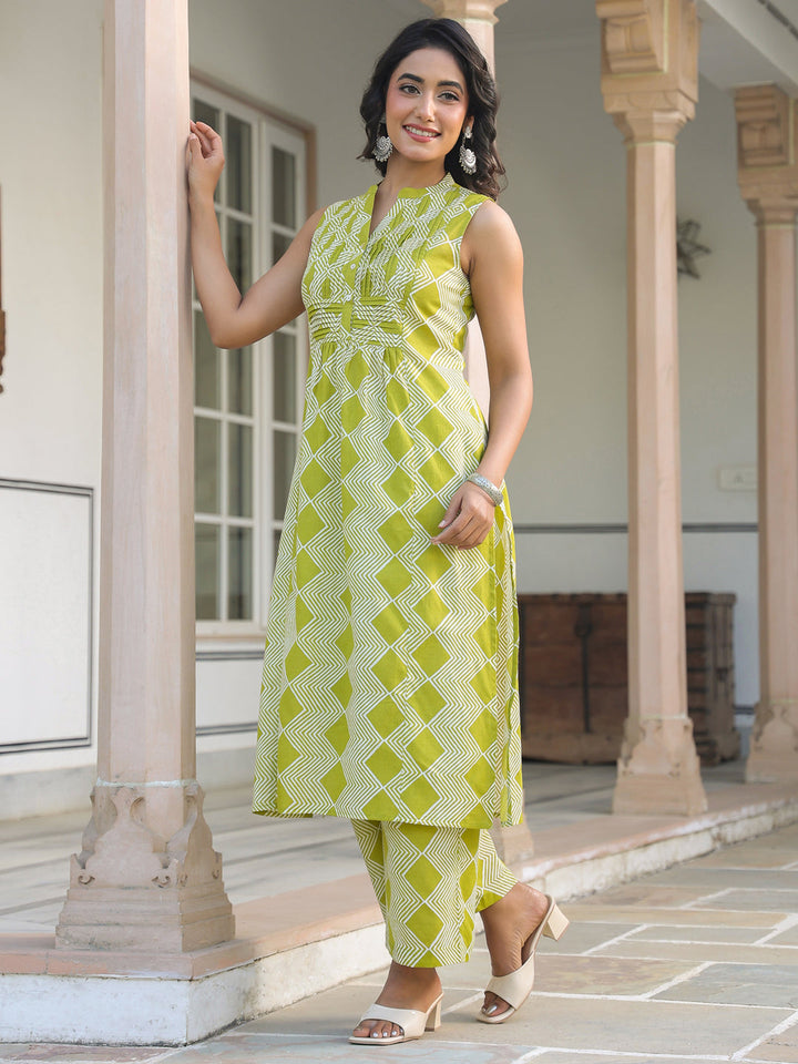 Lime Green Pure Cotton Geometric Printed A-line Kurta Pant Set - qivii