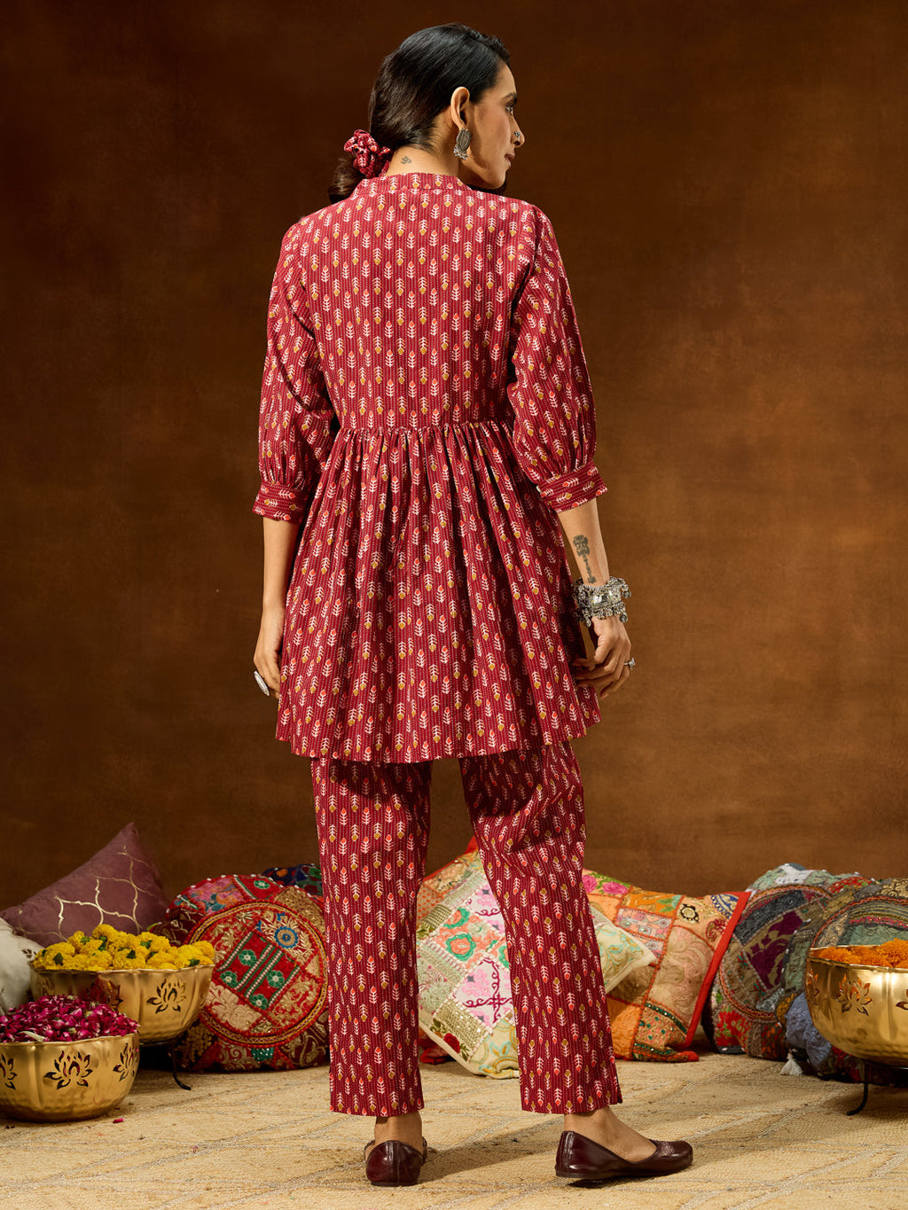 Janasya Women's Maroon Pure Cotton Ethnic Motifs Printed Peplum Co-ord Set