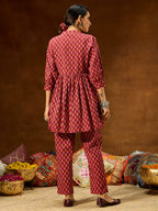 Janasya Women's Maroon Pure Cotton Ethnic Motifs Printed Peplum Co-ord Set