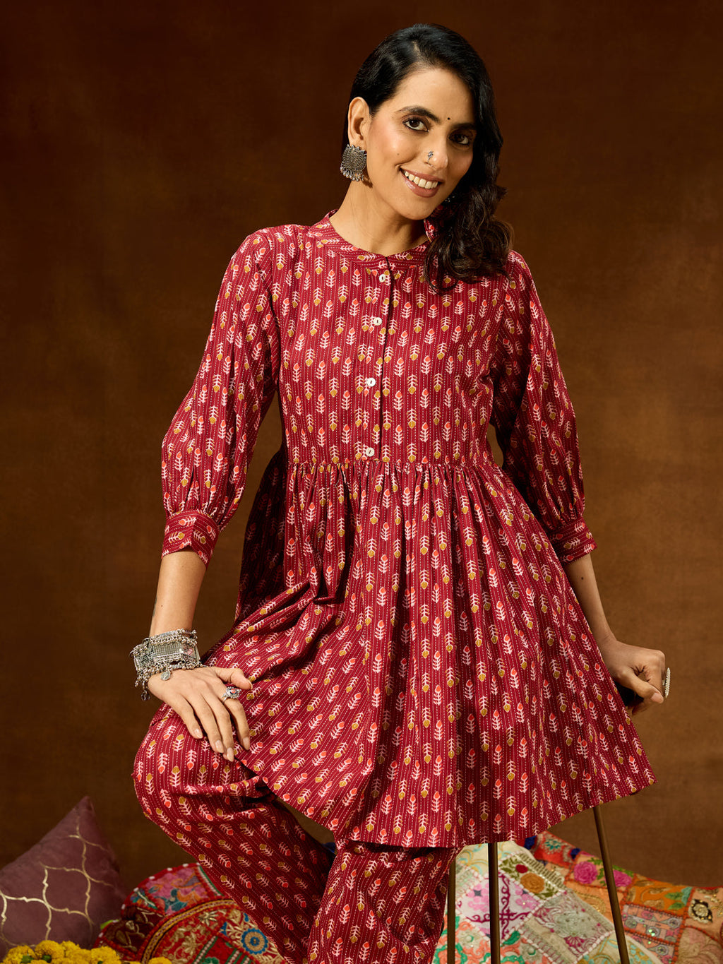 Janasya Women's Maroon Pure Cotton Ethnic Motifs Printed Peplum Co-ord Set