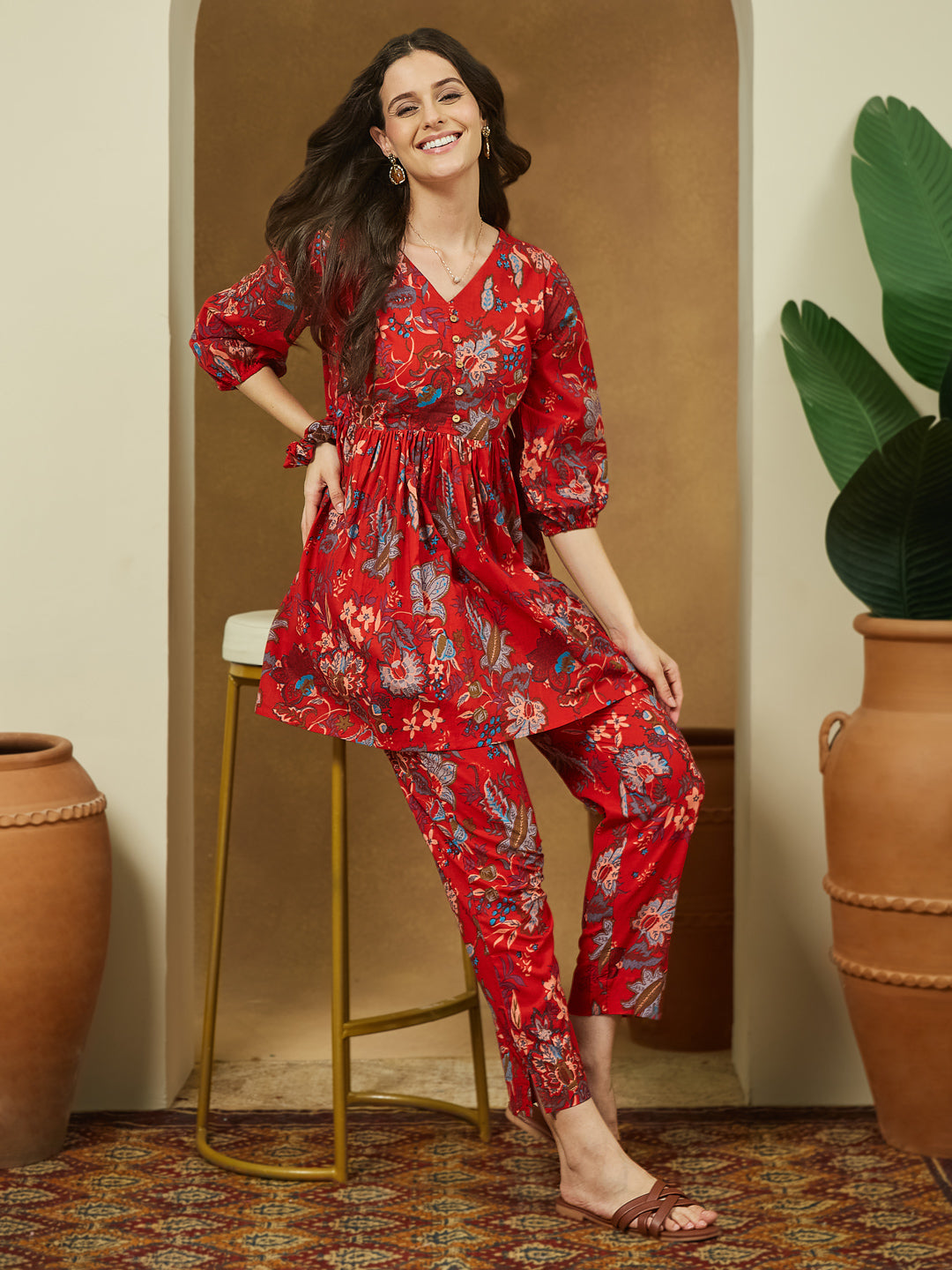 Janasya Women's Red Pure Cotton Floral Printed Peplum Co-ord Set