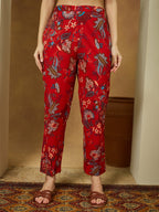 Janasya Women's Red Pure Cotton Floral Printed Peplum Co-ord Set