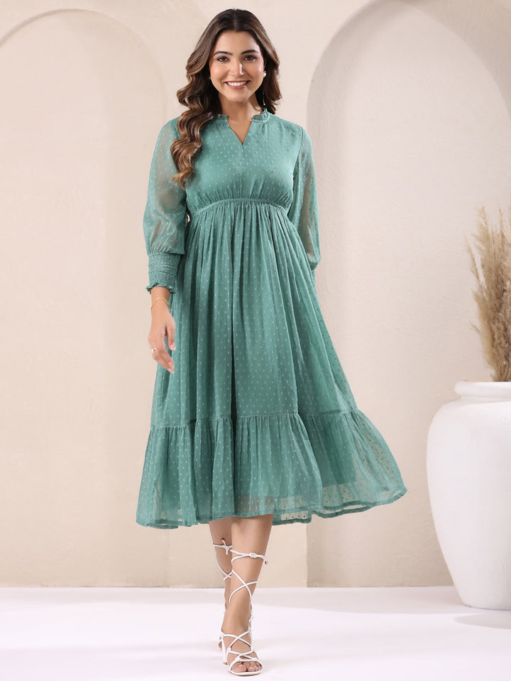 Sage Green Dobby Chiffon Self Design Fit & Flare Dress - qivii