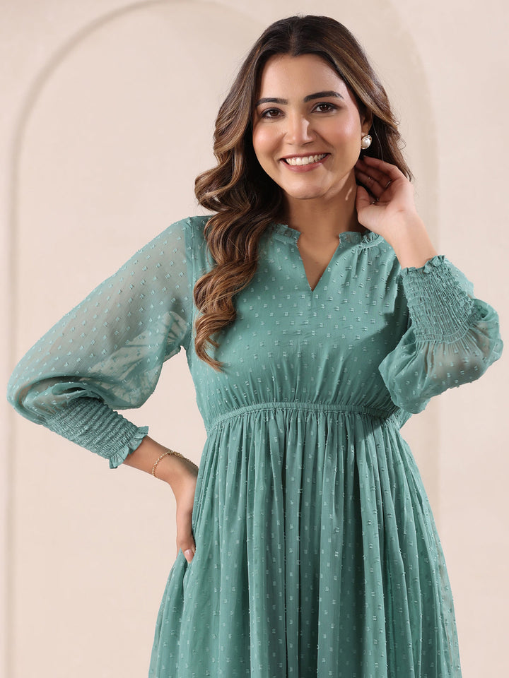 Sage Green Dobby Chiffon Self Design Fit & Flare Dress - qivii