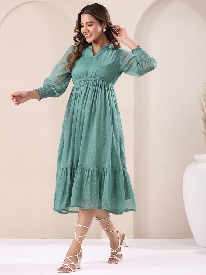 Sage Green Dobby Chiffon Self Design Fit & Flare Dress - qivii