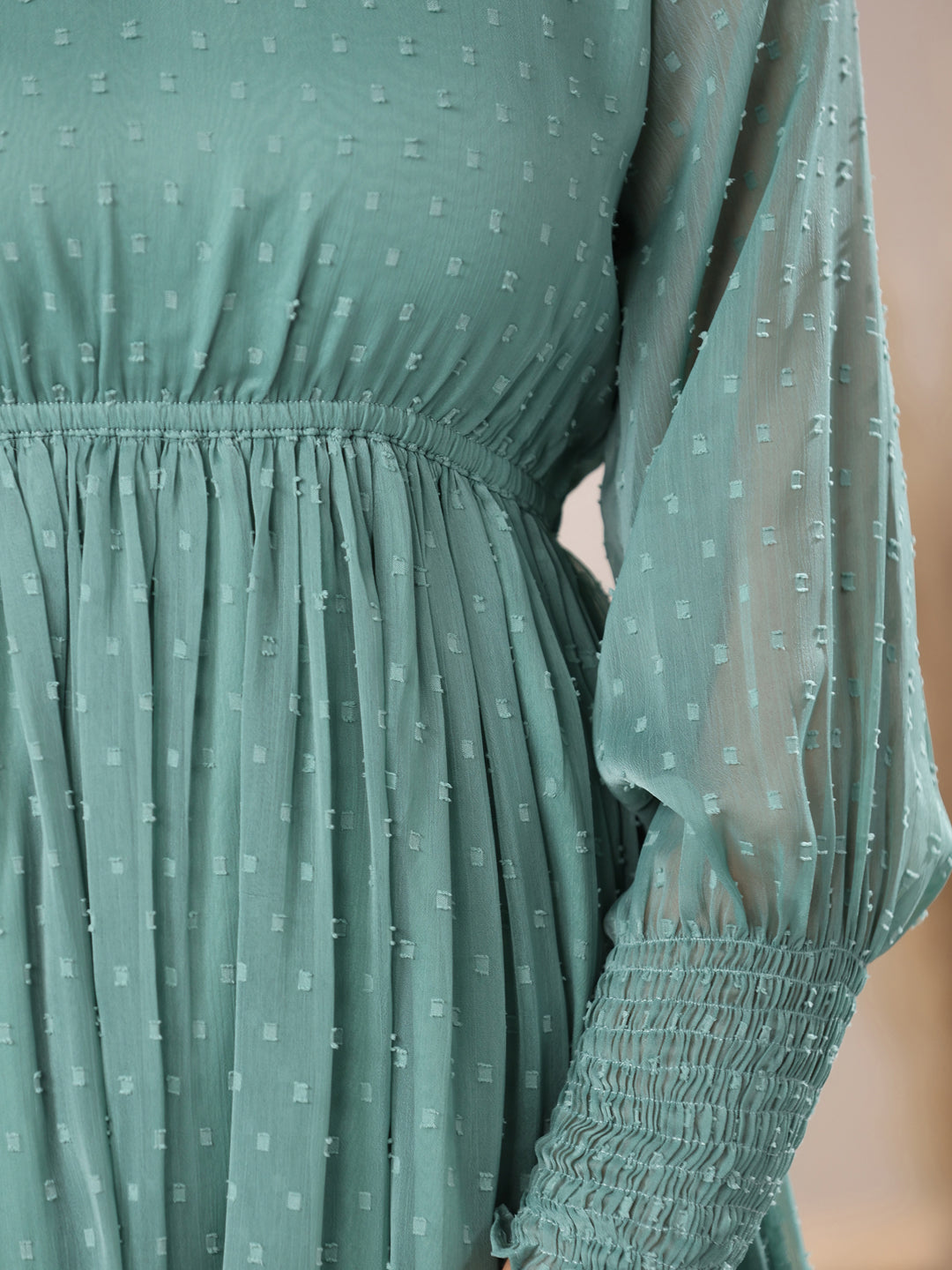 Sage Green Dobby Chiffon Self Design Fit & Flare Dress - qivii