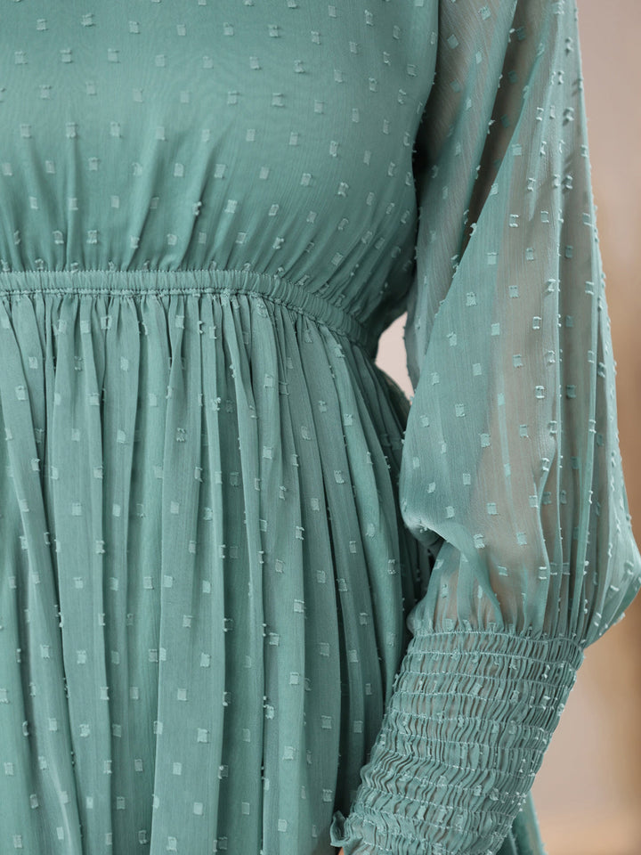 Sage Green Dobby Chiffon Self Design Fit & Flare Dress - qivii