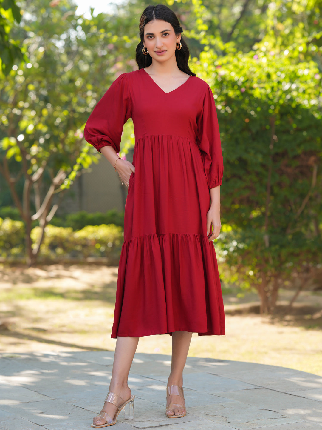 Red Rayon Solid Tiered Dress - qivii