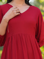 Red Rayon Solid Tiered Dress
