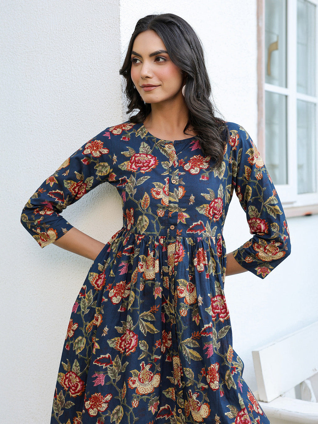 Navy Blue Pure Cotton Floral Printed A-line Dress