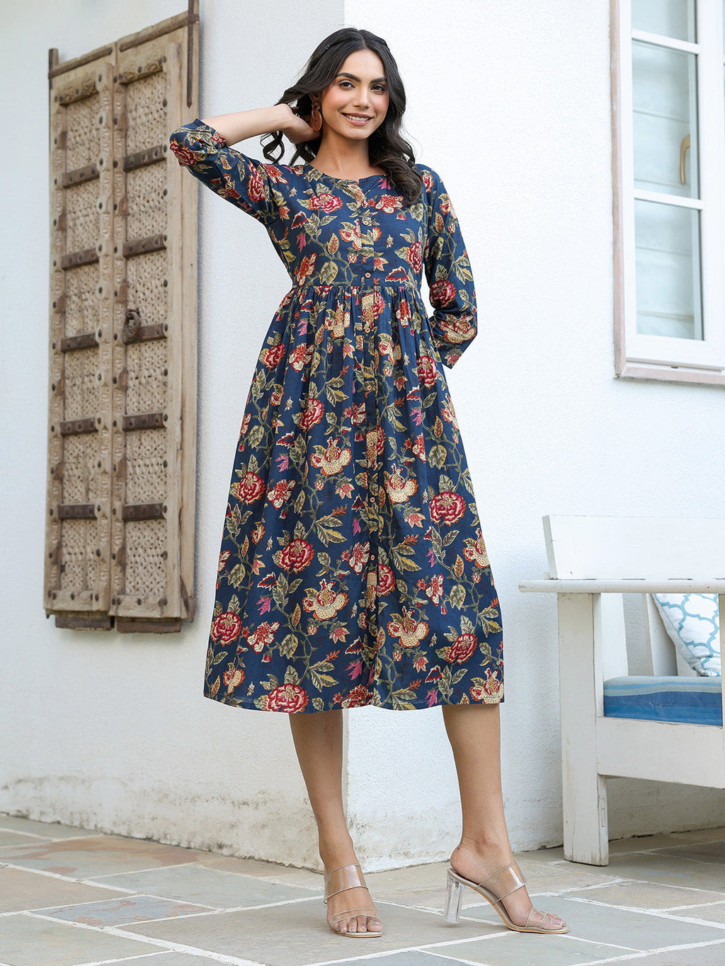 Navy Blue Pure Cotton Floral Printed A-line Dress