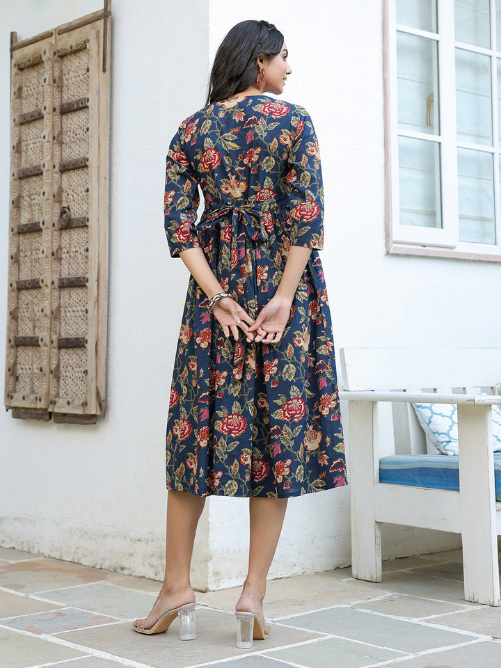 Navy Blue Pure Cotton Floral Printed A-line Dress - qivii
