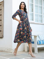 Navy Blue Pure Cotton Floral Printed A-line Dress