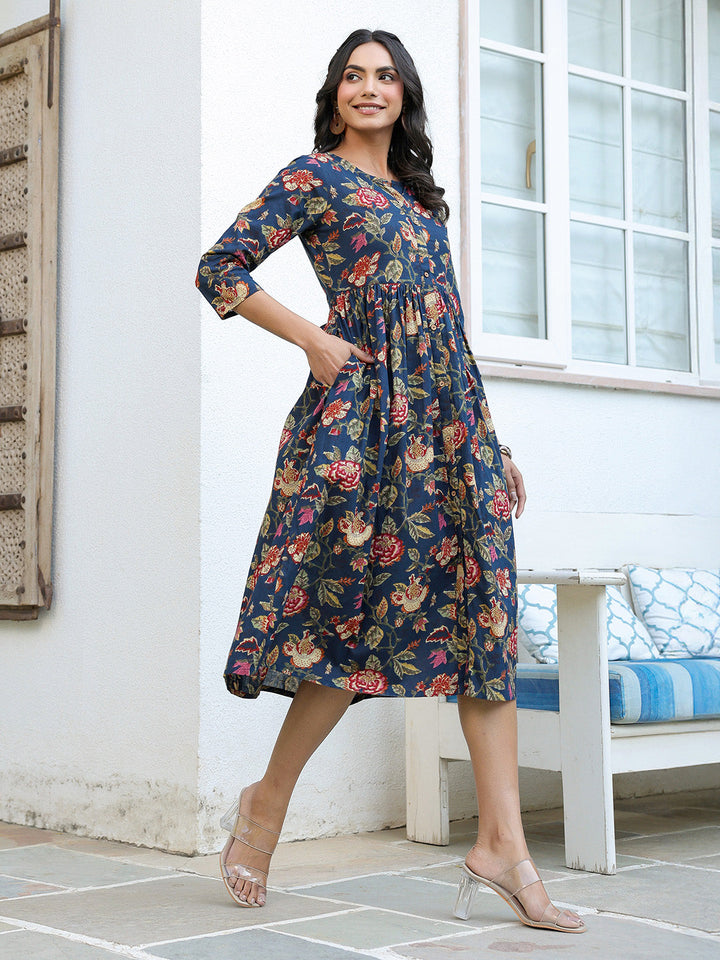 Navy Blue Pure Cotton Floral Printed A-line Dress - qivii