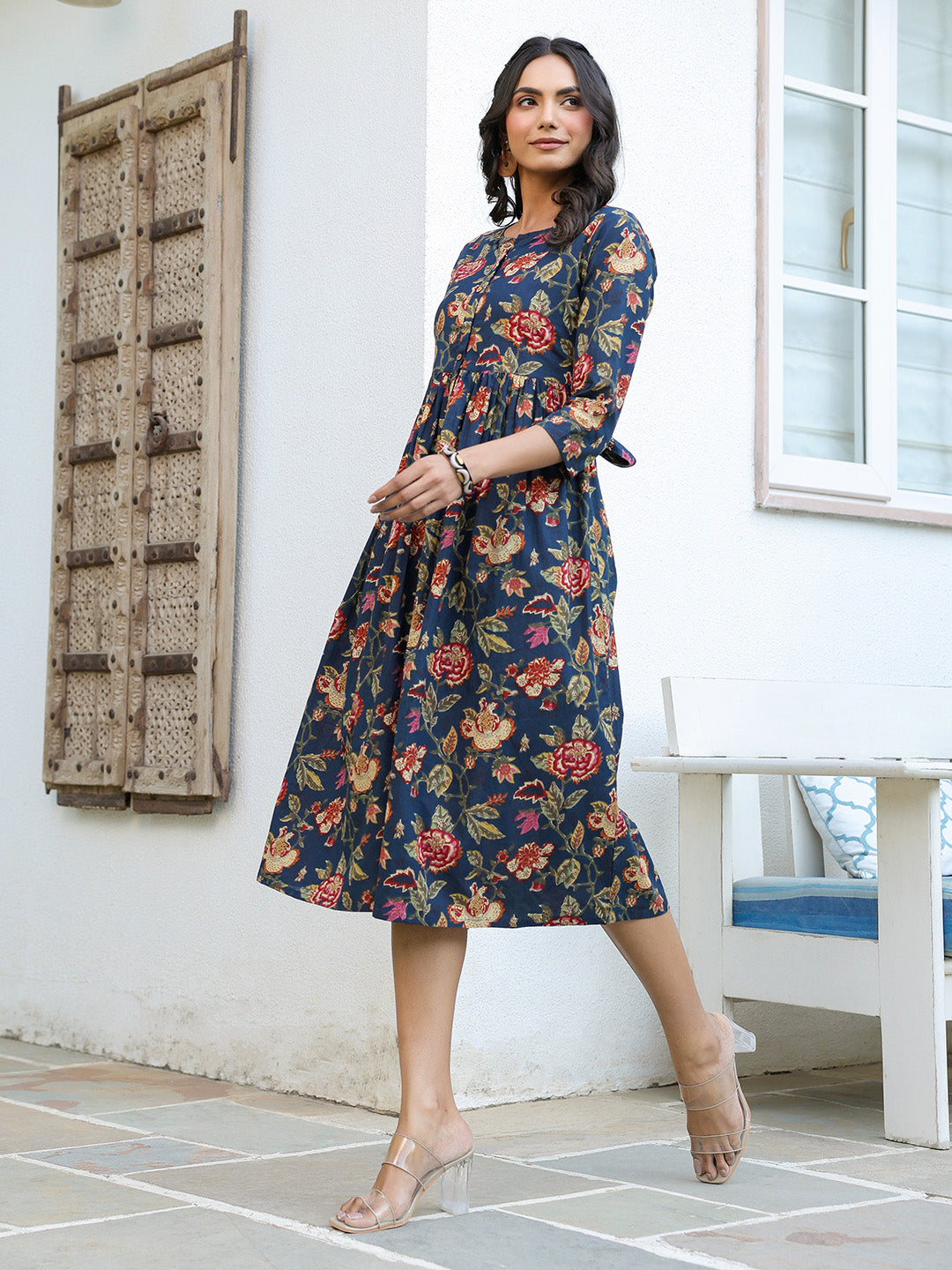 Navy Blue Pure Cotton Floral Printed A-line Dress