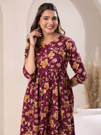 Wine Pure Cotton Floral Printed Gathered Dress