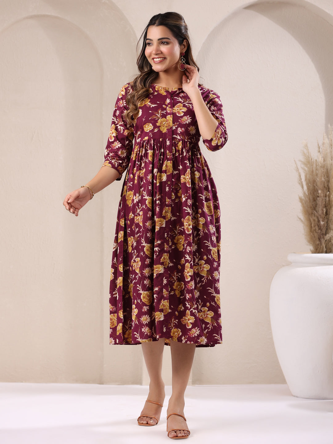 Wine Pure Cotton Floral Printed Gathered Dress - qivii
