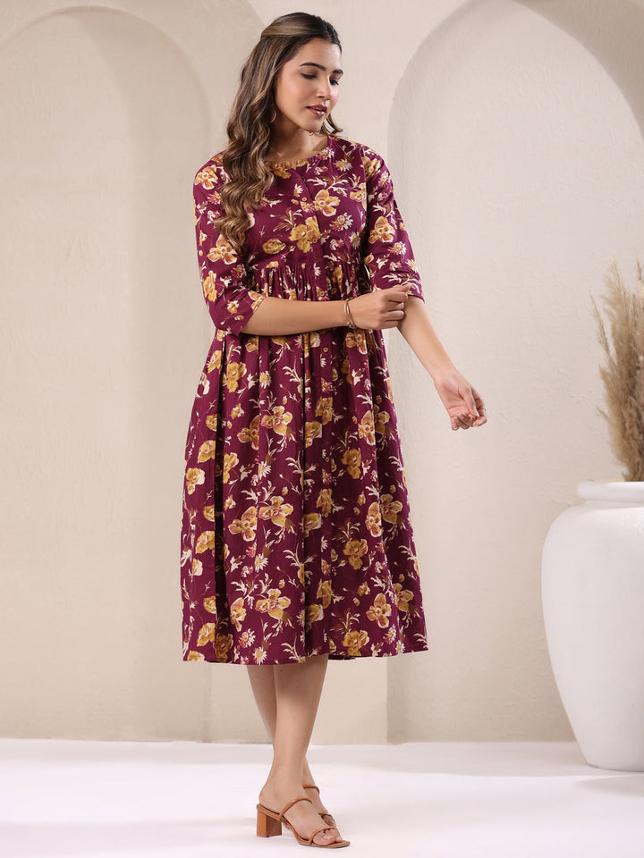 Wine Pure Cotton Floral Printed Gathered Dress - qivii