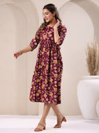 Wine Pure Cotton Floral Printed Gathered Dress