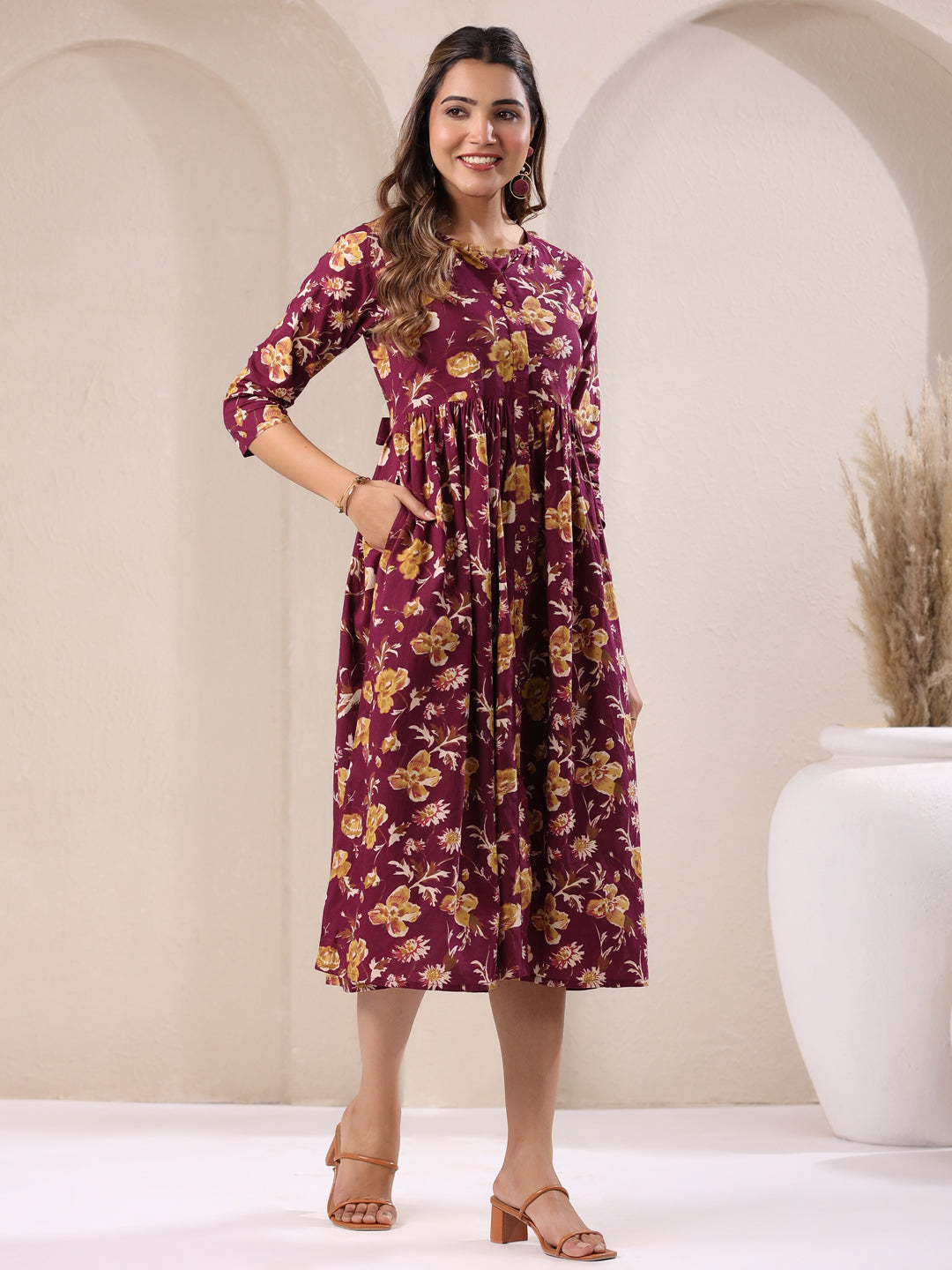 Wine Pure Cotton Floral Printed Gathered Dress - qivii