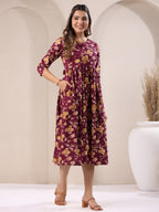 Wine Pure Cotton Floral Printed Gathered Dress